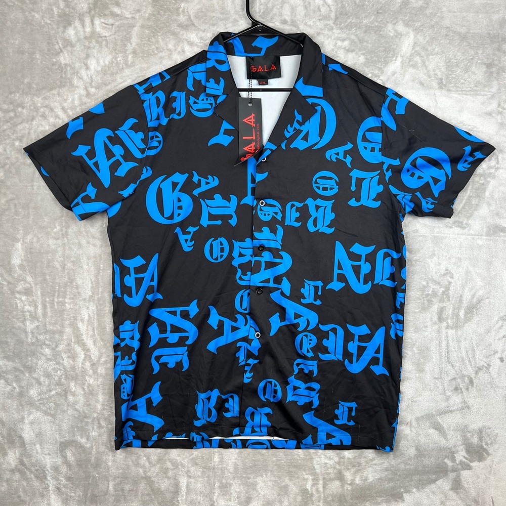 Gala Black & Blue Gothic Letter Print Short‎ Sleeve Button Up Shirt 2XL